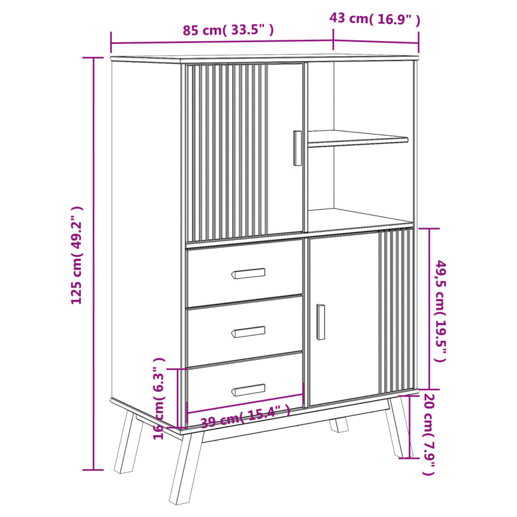 Highboard Olden 85X43X125 Cm Solid Wood Pine