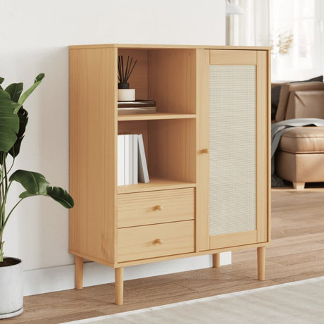 Highboard Senja Rattan Look 90X40X112 Cm Solid Wood Pine