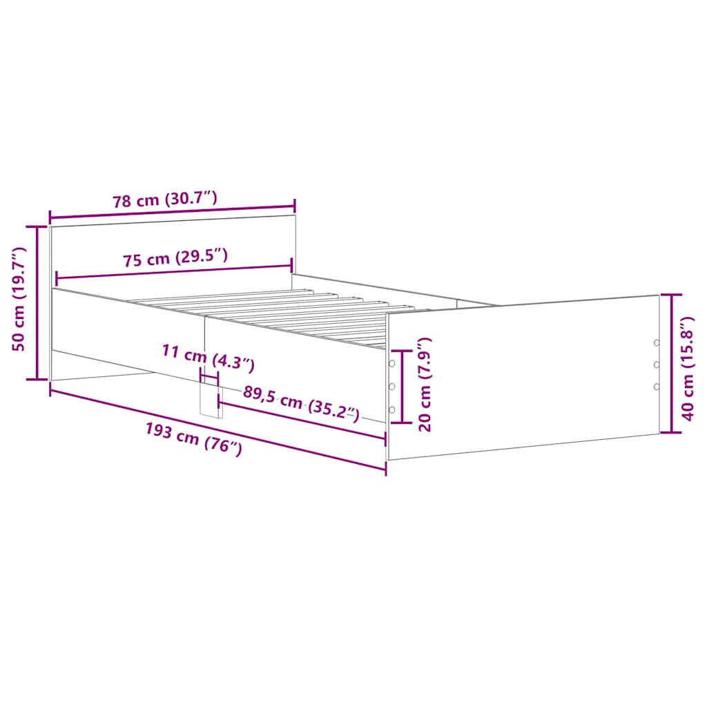 Bed Frame without Mattress Smoked Oak 75x190 cm Small Single  Engineered Wood