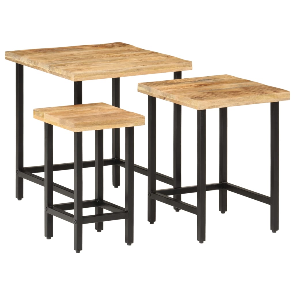 Nesting Coffee Tables 3 pcs Solid Rough Mango Wood and Iron