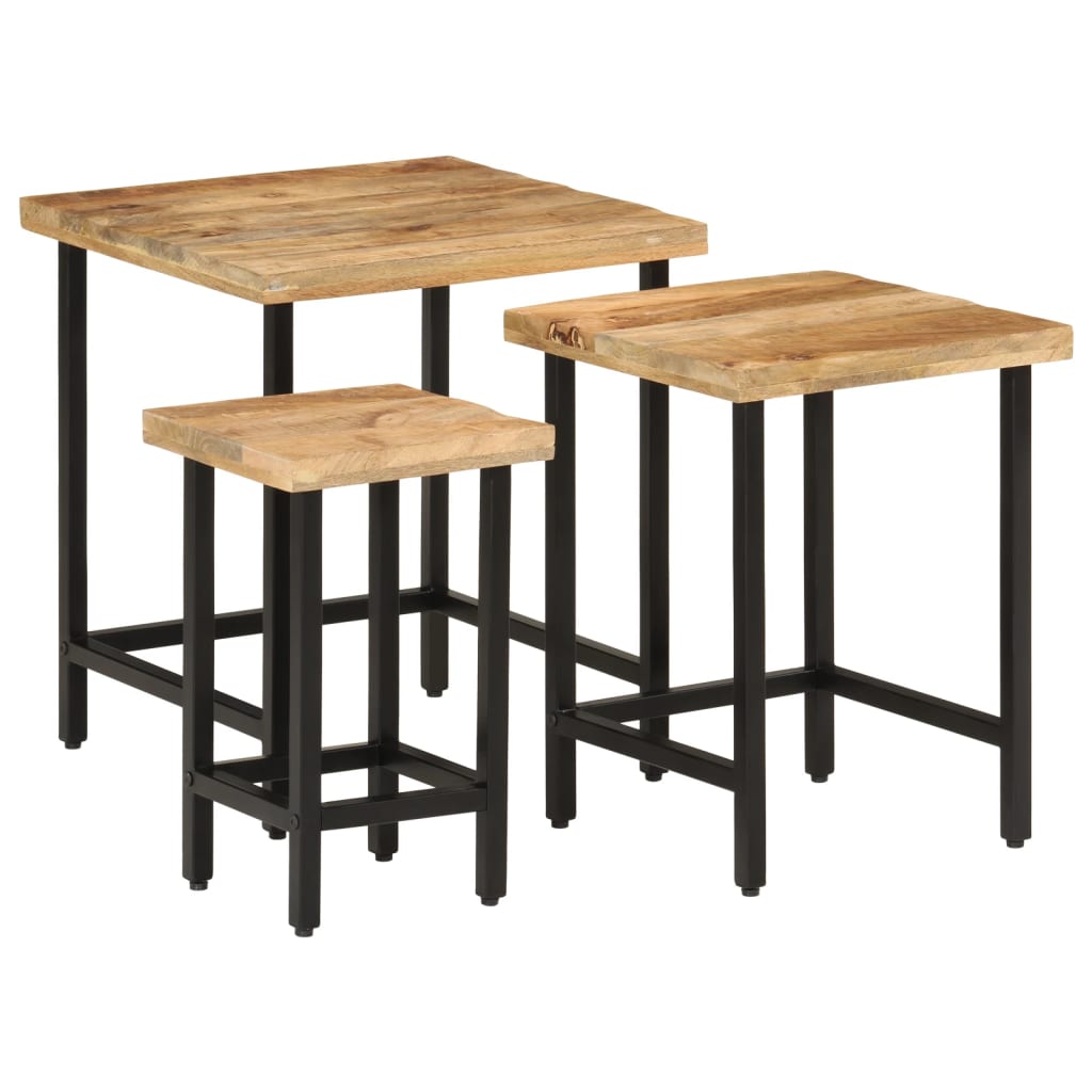 Nesting Coffee Tables 3 pcs Solid Rough Mango Wood and Iron