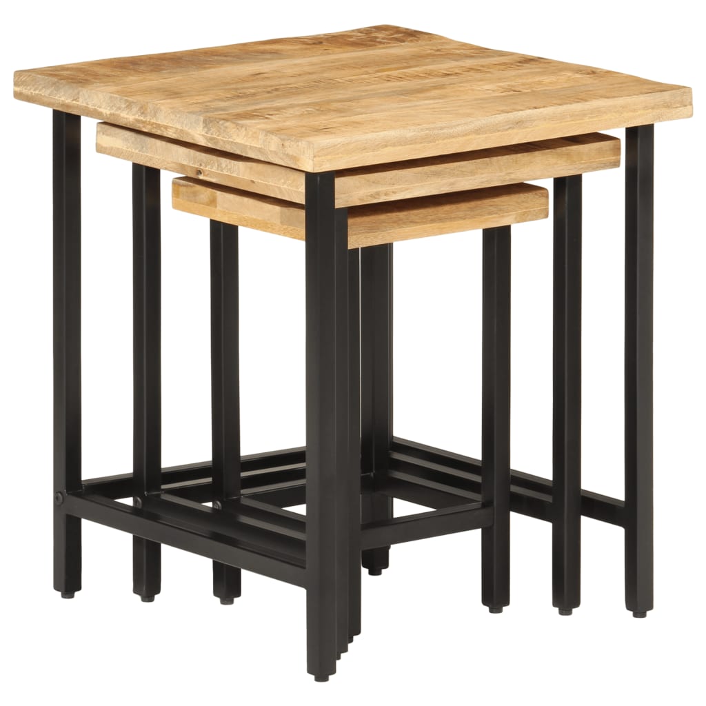 Nesting Coffee Tables 3 pcs Solid Rough Mango Wood and Iron