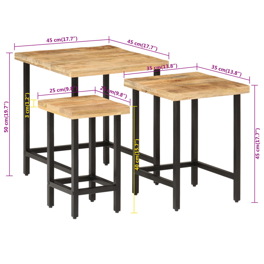 Nesting Coffee Tables 3 pcs Solid Rough Mango Wood and Iron