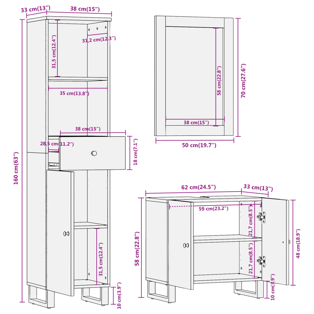 3 Piece Bathroom Cabinet Set Brown And Black Solid Wood Mango