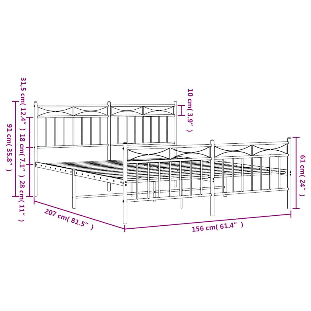 Metal Bed Frame without Mattress with Footboard White 150x200cm