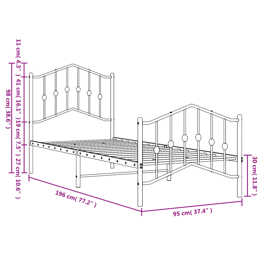 Metal Bed Frame without Mattress with Footboard Black 90x190cm