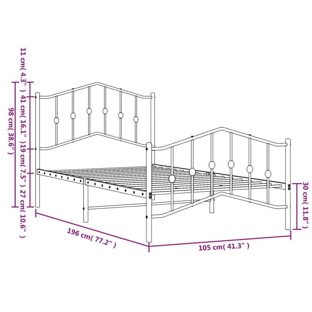 Metal Bed Frame without Mattress with Footboard Black 100x190cm