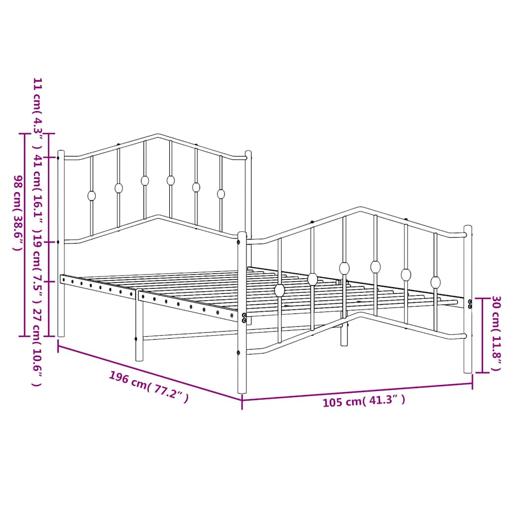 Metal Bed Frame without Mattress with Footboard Black 100x190cm