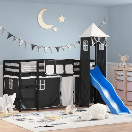 Kids' Loft Bed With Tower Without Mattress White&Black 90X190Cm