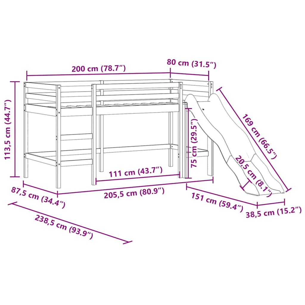 Kids' Loft Bed Without Mattress With Slide