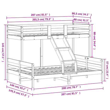 Bunk Bed Without Mattress 80X200/140X200 Cm Solid Wood
