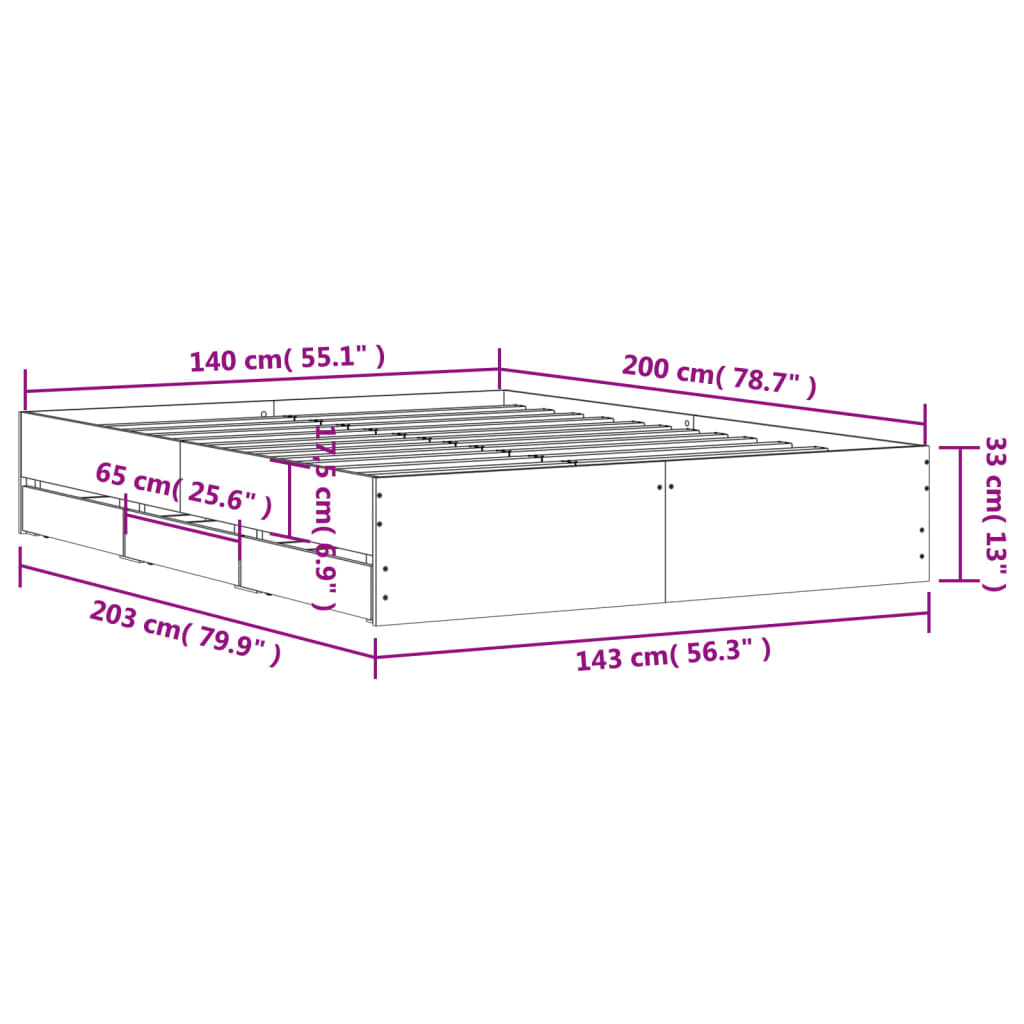 Bed Frame with Drawers without Mattress Smoked Oak 140x200 cm