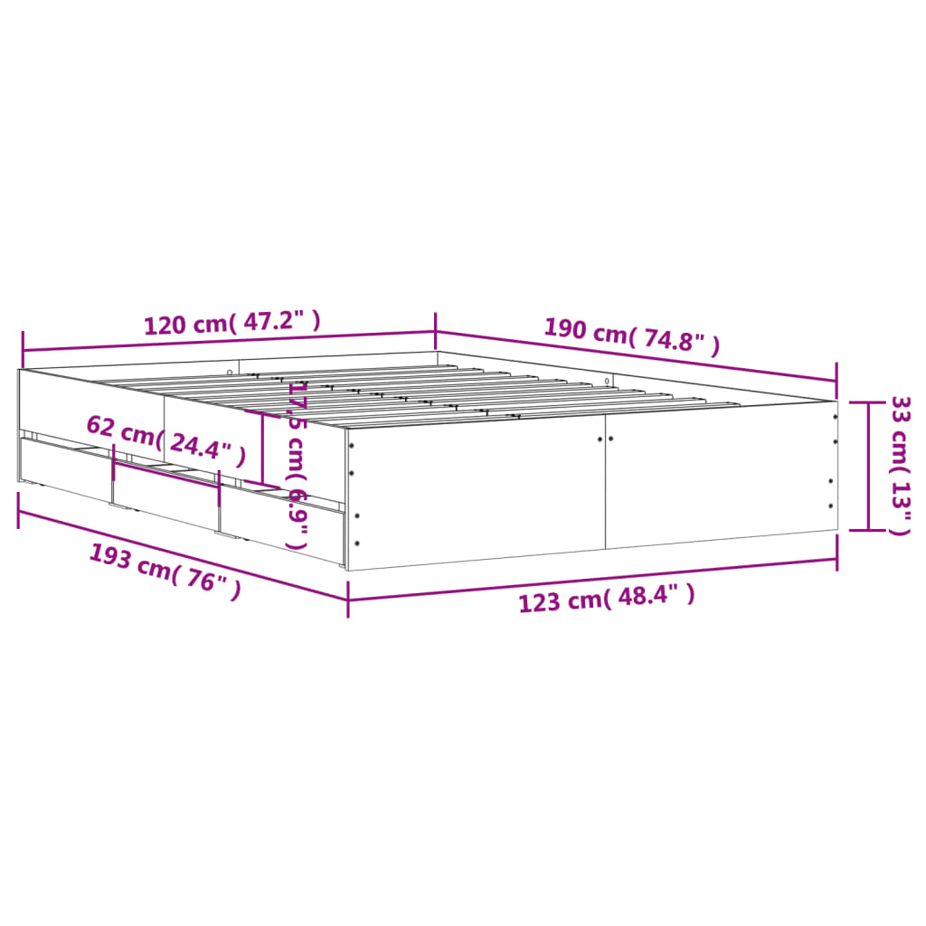 Bed Frame with Drawers without Mattress Grey Sonoma 120x190 cm Small Double