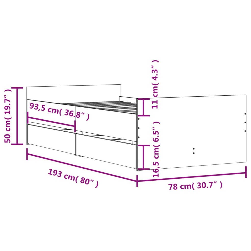 Bed Frame without Mattress Concrete Grey 75x190 cm Small Single Small Single