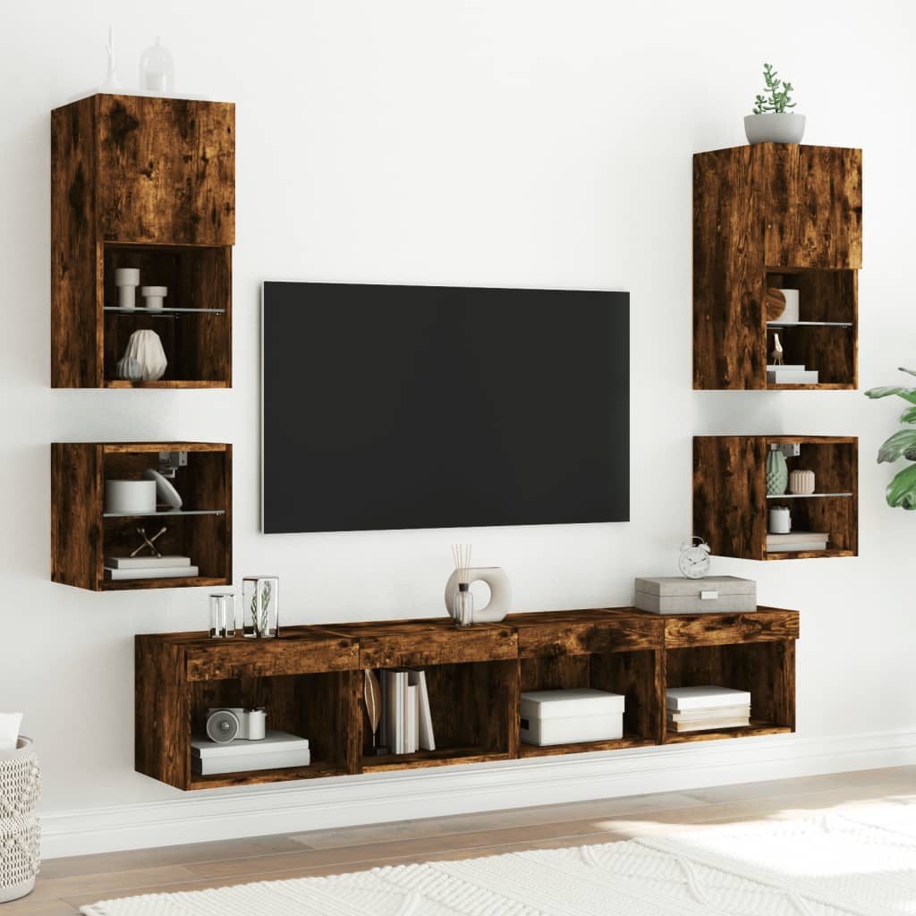 Tv Wall Cabinets With Led Lights 2 Pcs 30X28.5X Smoked Oak