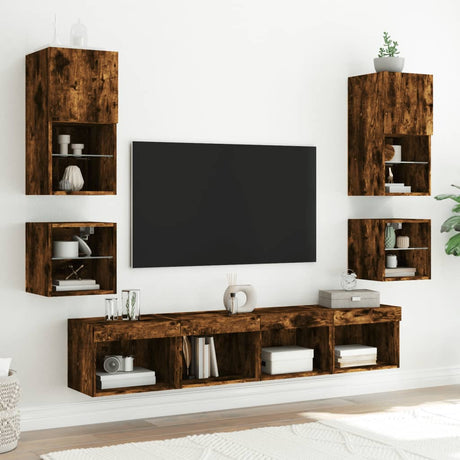 Tv Wall Cabinets With Led Lights 2 Pcs 30X28.5X Smoked Oak
