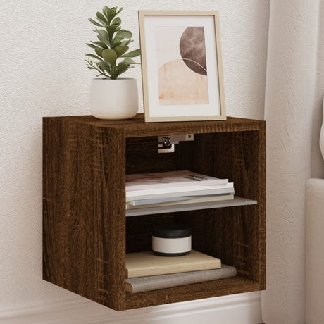 Bedside Cabinet With Led Lights Wall-Mounted Brown Oak