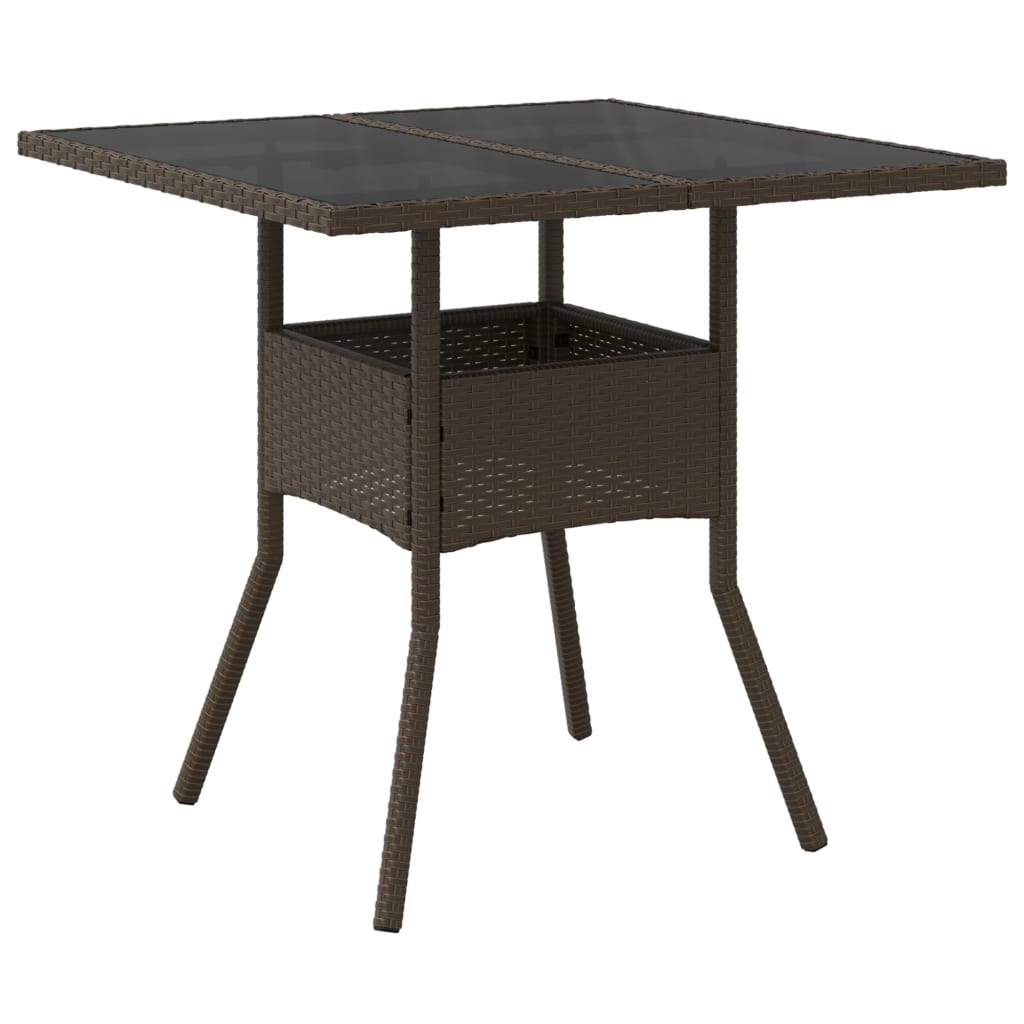 Garden Table with Glass Top Brown 80x80x75 cm Poly Rattan
