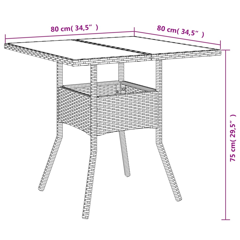 Garden Table with Glass Top Brown 80x80x75 cm Poly Rattan