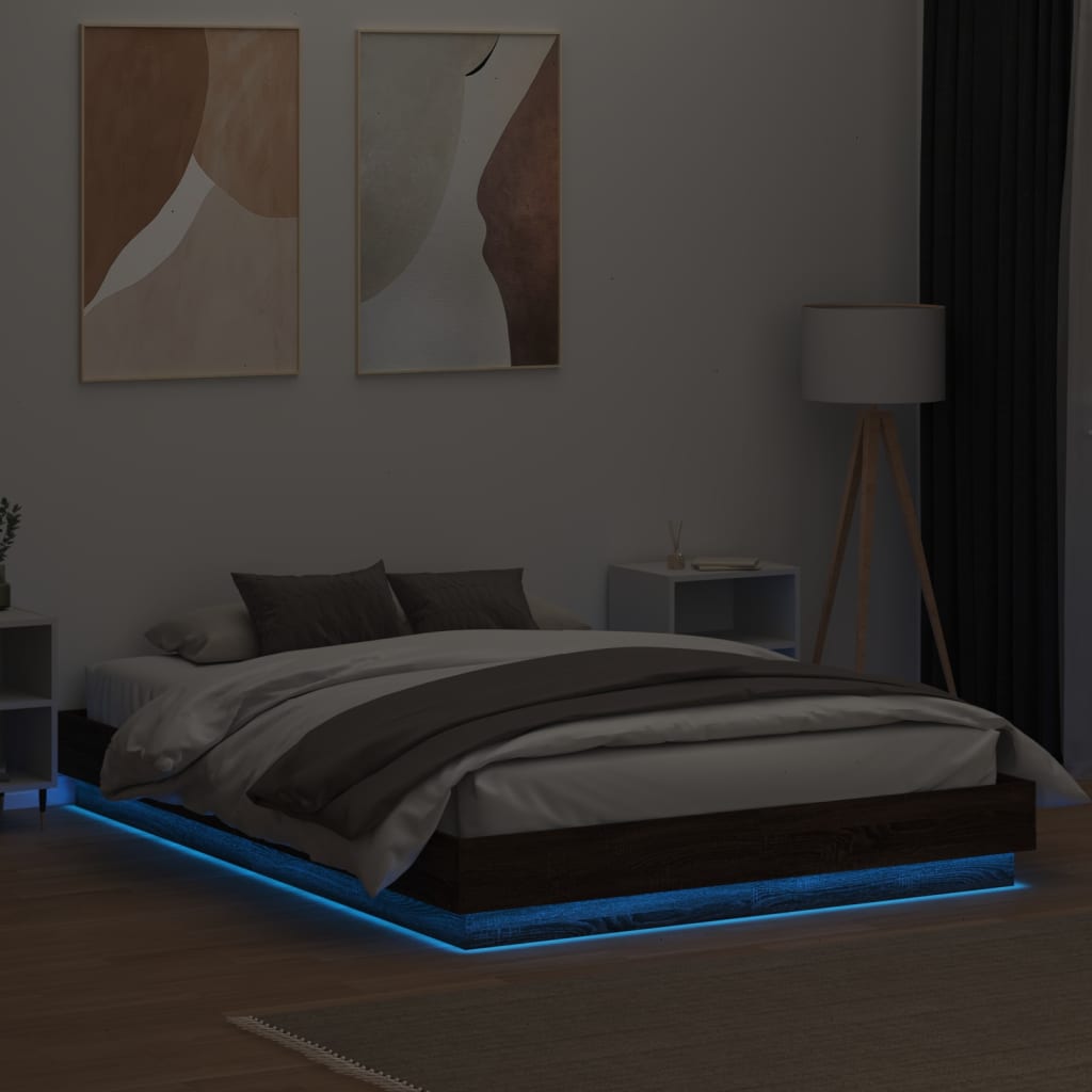 Bed Frame with LED without Mattress Brown Oak 150x200 cm King Size