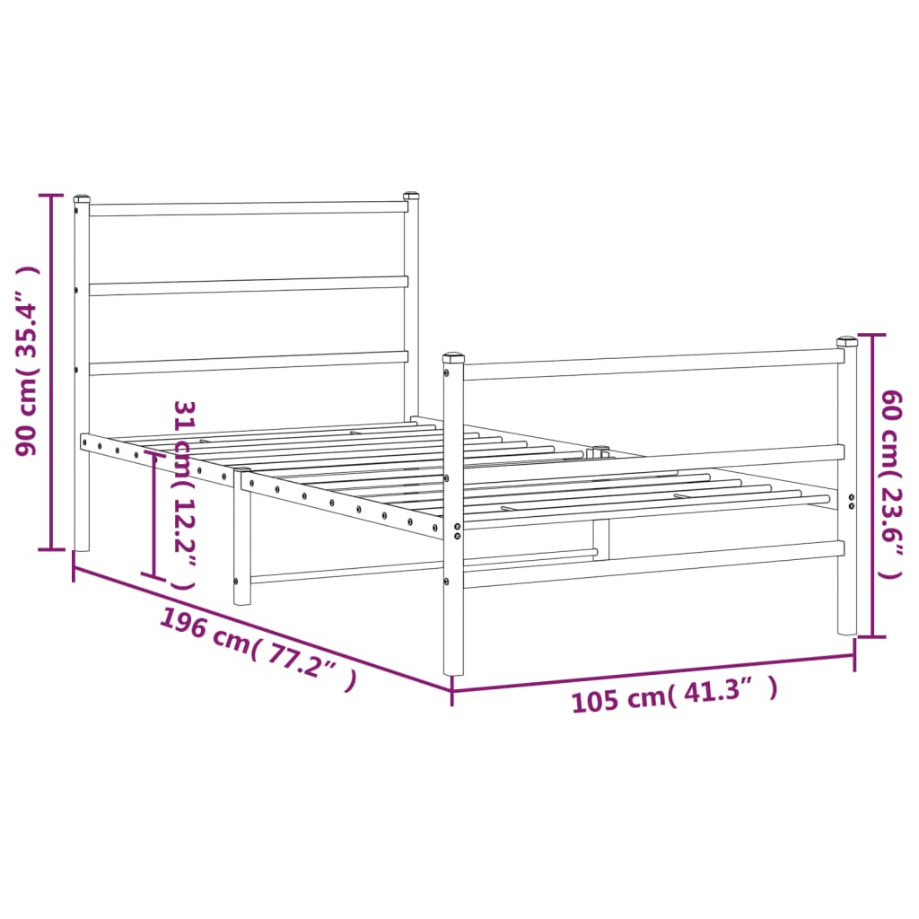 Metal Bed Frame without Mattress with Footboard White 100x190cm