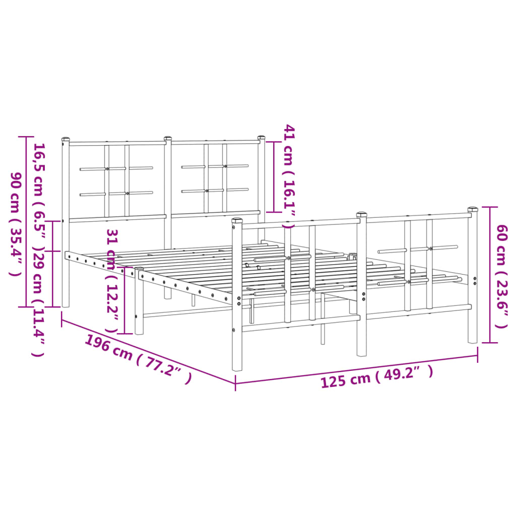 Metal Bed Frame without Mattress with Footboard White 120x190cm