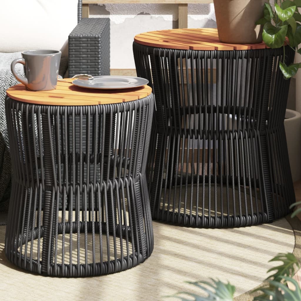 Garden Side Tables 2 Pcs With Wooden Top Poly Rattan