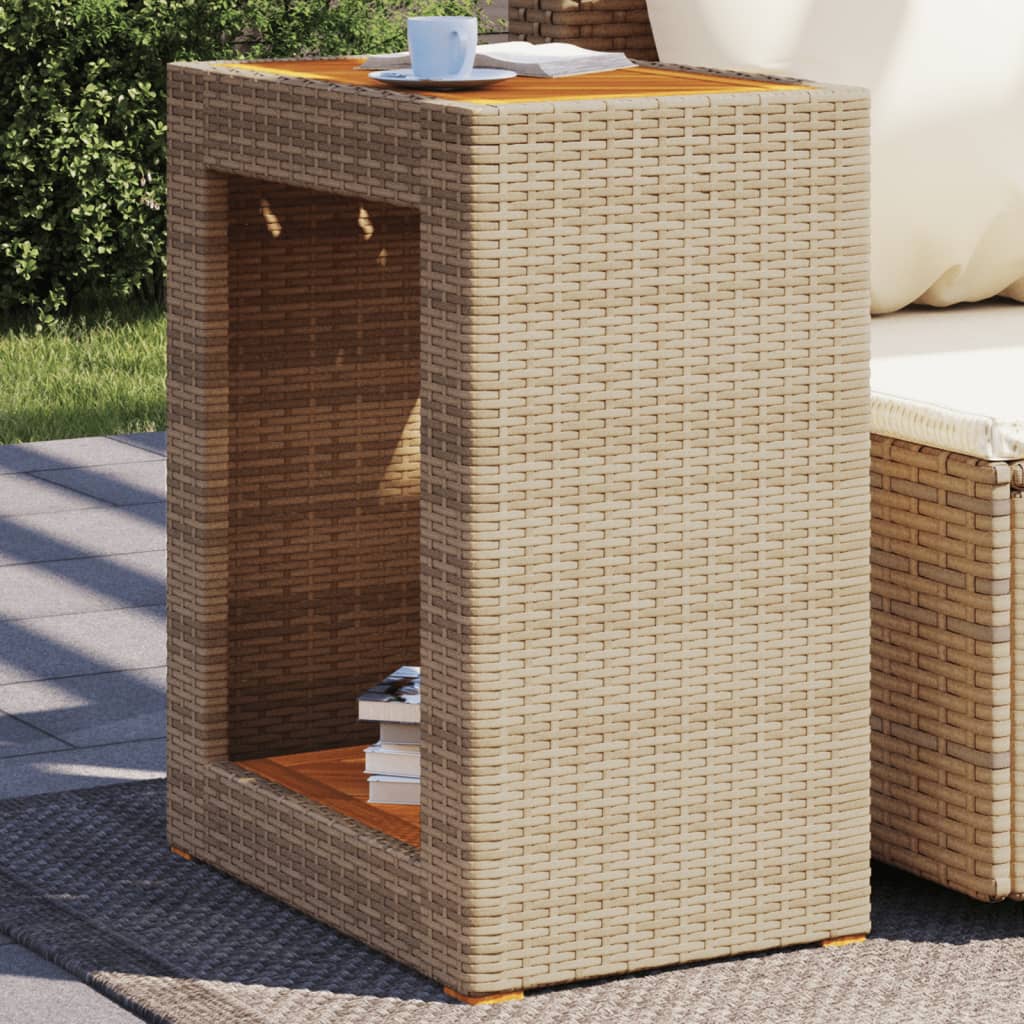 Garden Side Table With Wooden Top Poly Rattan