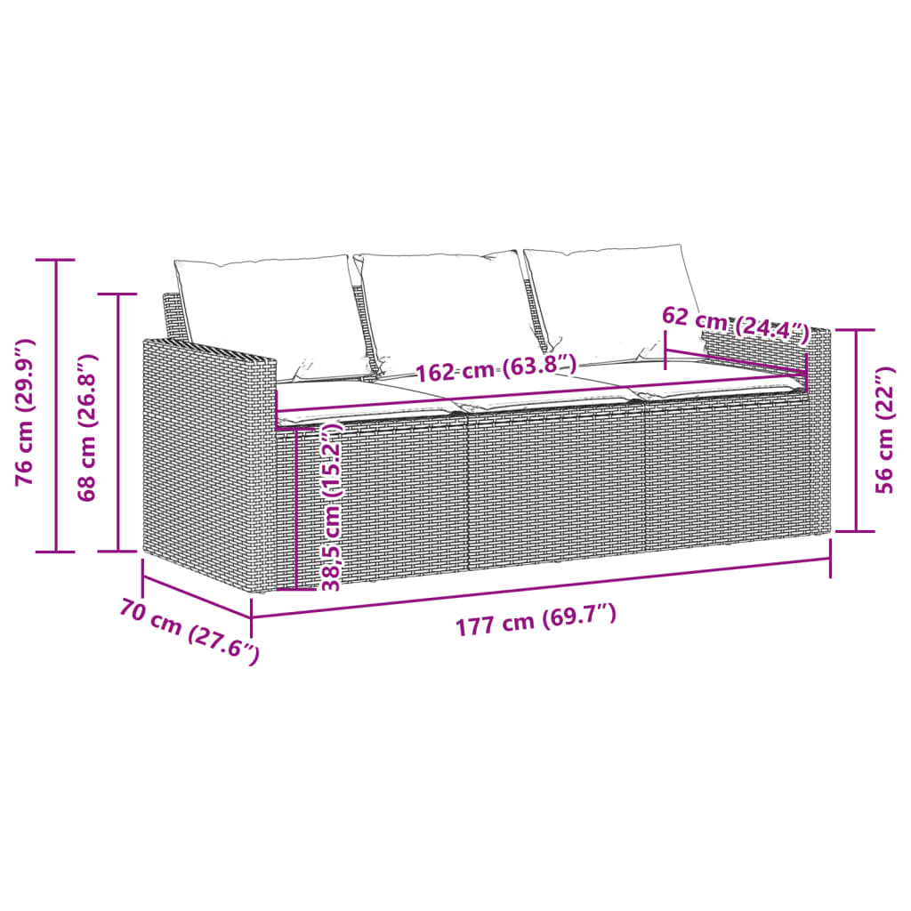 Garden Sofa With Cushions 3-Seater Grey Poly Rattan