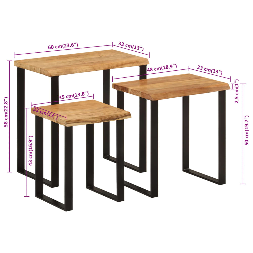 Nesting Tables 3 pcs with Live Edge Solid Wood Acacia