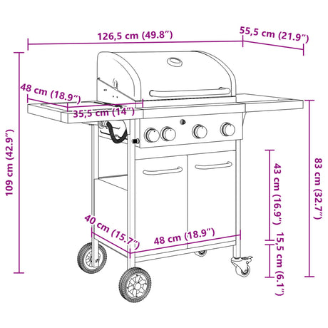 Gas Bbq Grill With 4 Burners Black Powder-Coated Steel