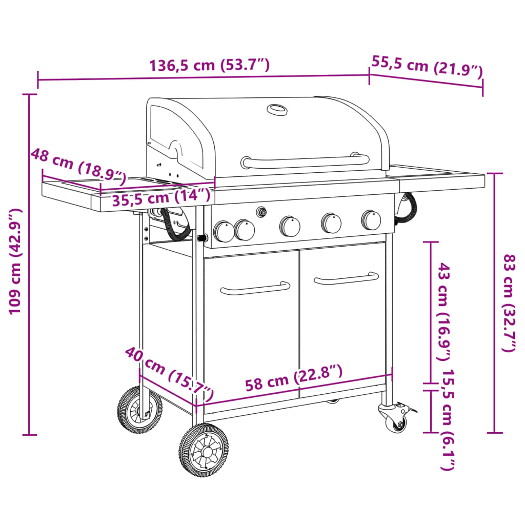 Gas Bbq Grill With 5 Burners Black Powder-Coated Steel
