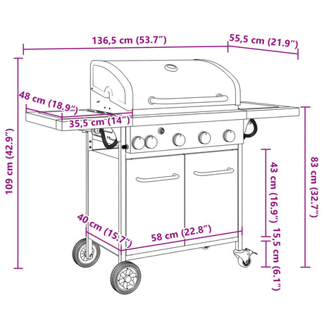 Gas Bbq Grill With 5 Burners Black Powder-Coated Steel