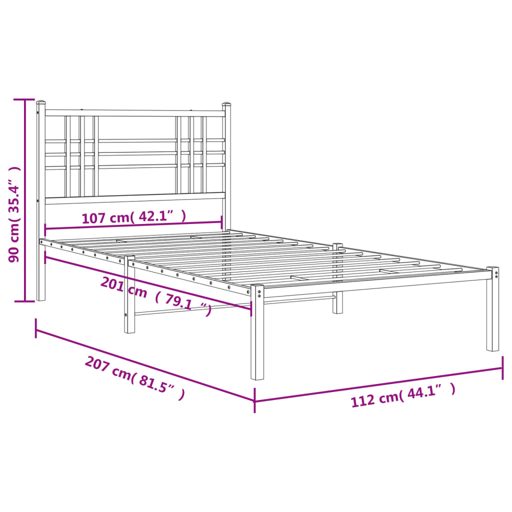 Metal Bed Frame without Mattress with Headboard Black 107x203cm