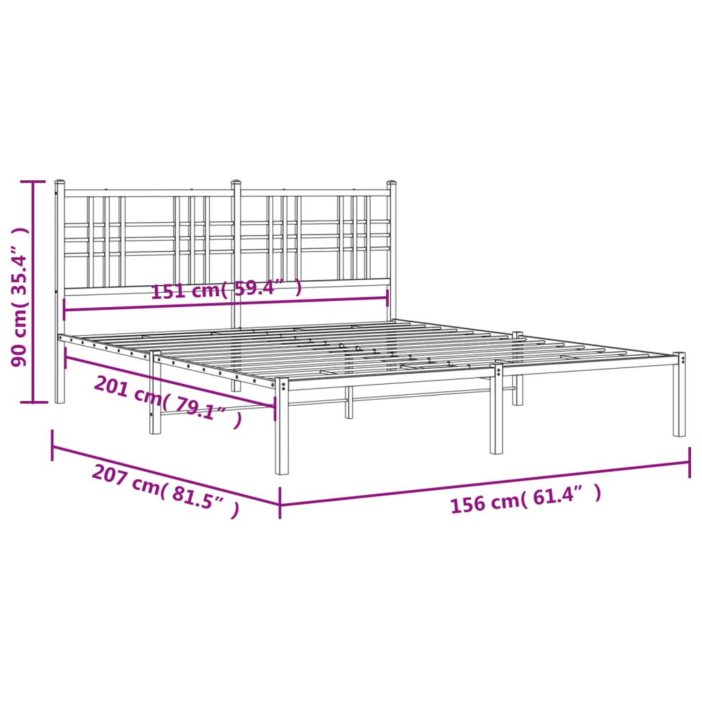 Metal Bed Frame without Mattress with Headboard Black 150x200cm