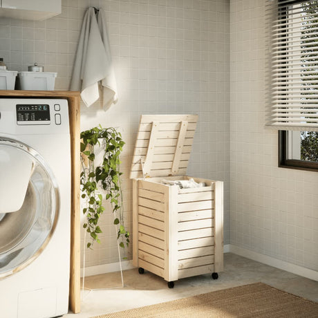 Laundry Basket With Wheels Rana 45X45X64 Cm Solid Wood Pine