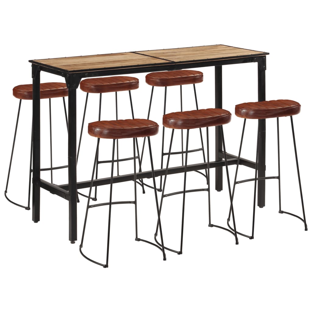 7 Piece Bar Set Solid Rough Wood Mango And Metal
