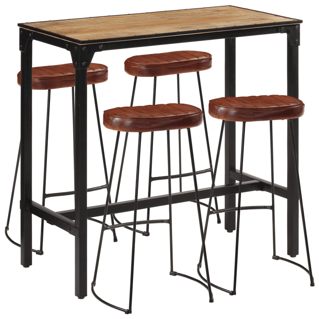 5 Piece Bar Set Solid Rough Wood Mango And Metal