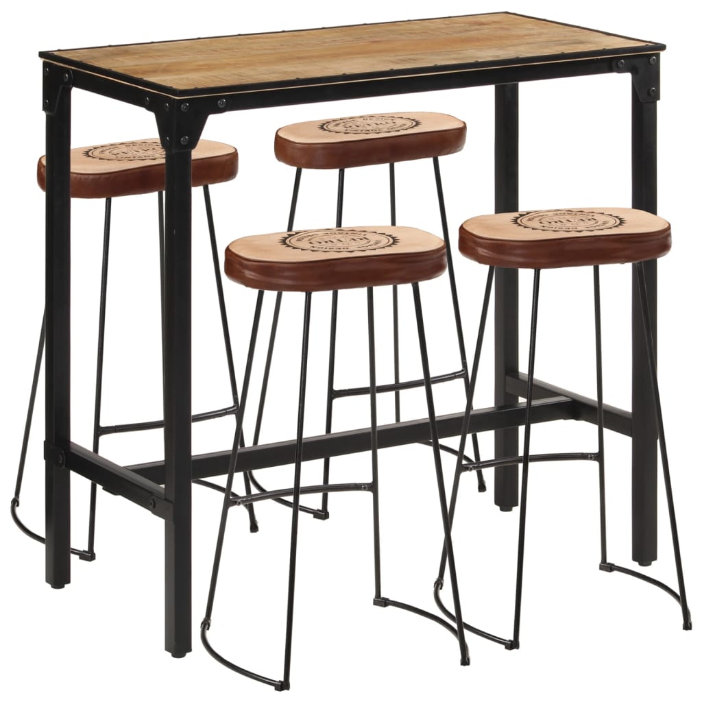 5 Piece Bar Set Solid Rough Wood Mango And Metal