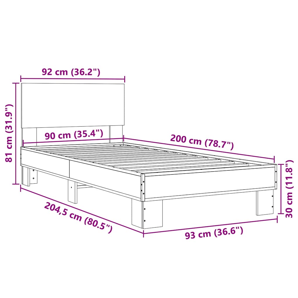 Bed Frame without Mattress Grey Sonoma 90x200 cm