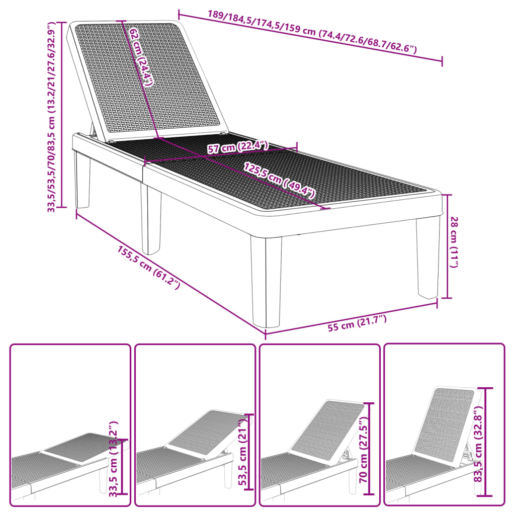 4-Way Height Adjustable Sun Lounger 155.5X57X28 Cm Polypropylene