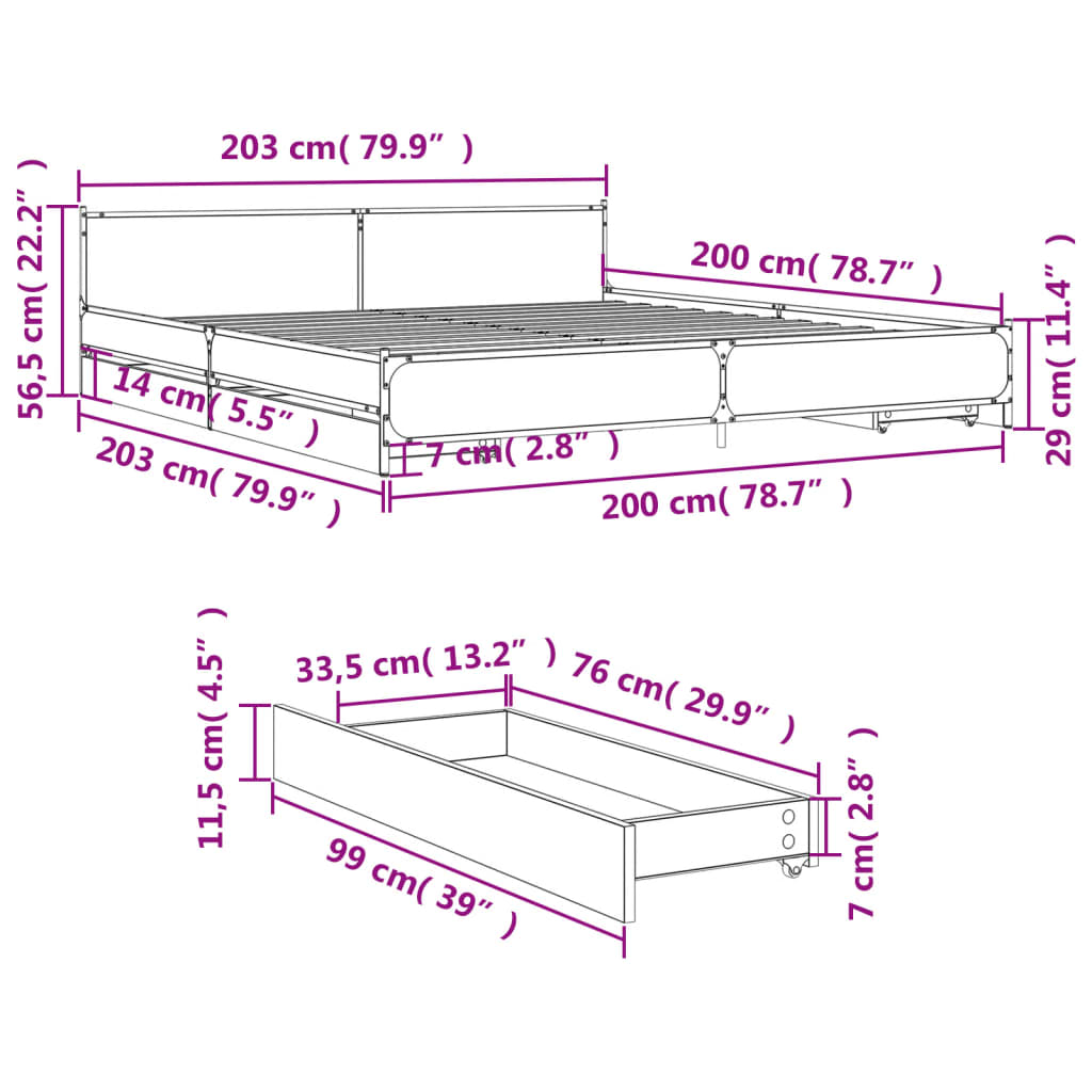 Bed Frame with Drawers without Mattress Grey Sonoma 200x200 cm