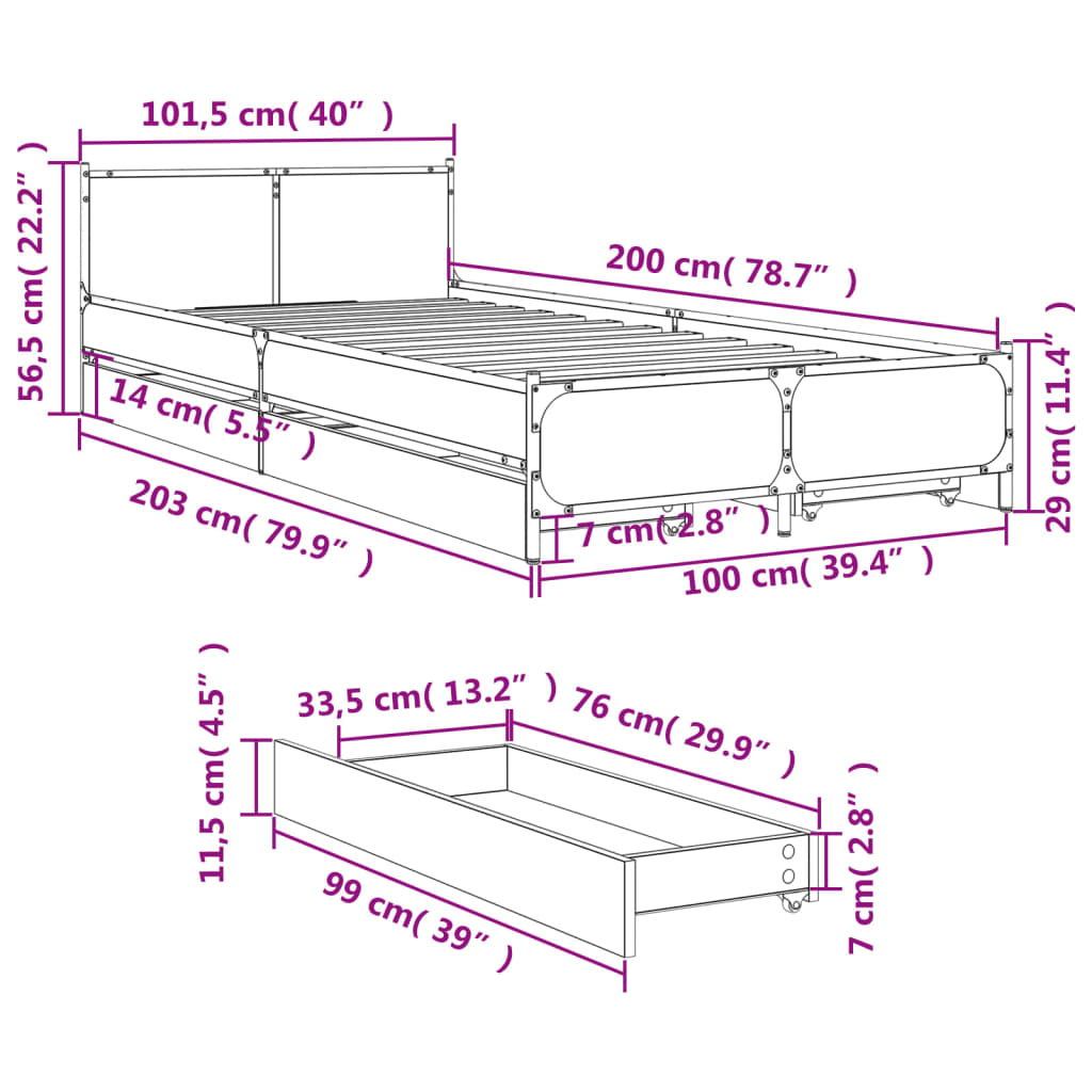 Bed Frame with Drawers without Mattress Black 100x200 cm