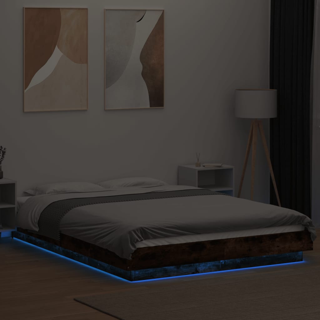 Bed Frame with LED Lights without Mattress Smoked Oak 135x190cm