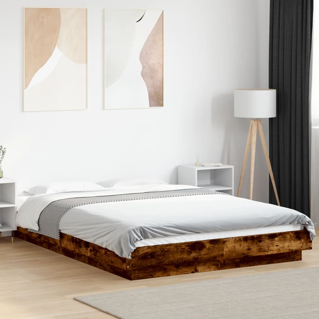 Bed Frame with LED Lights without Mattress Smoked Oak 135x190cm