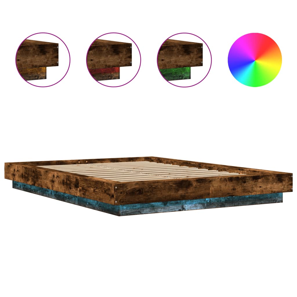 Bed Frame with LED Lights without Mattress Smoked Oak 135x190cm