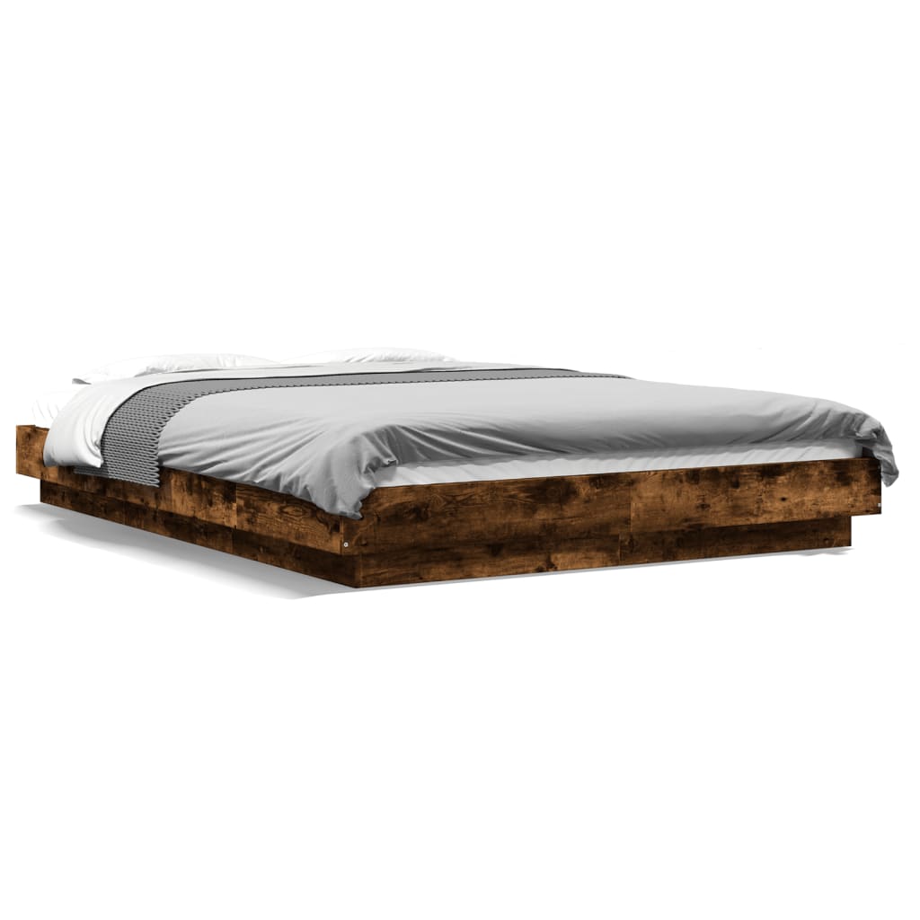 Bed Frame with LED Lights without Mattress Smoked Oak 135x190cm