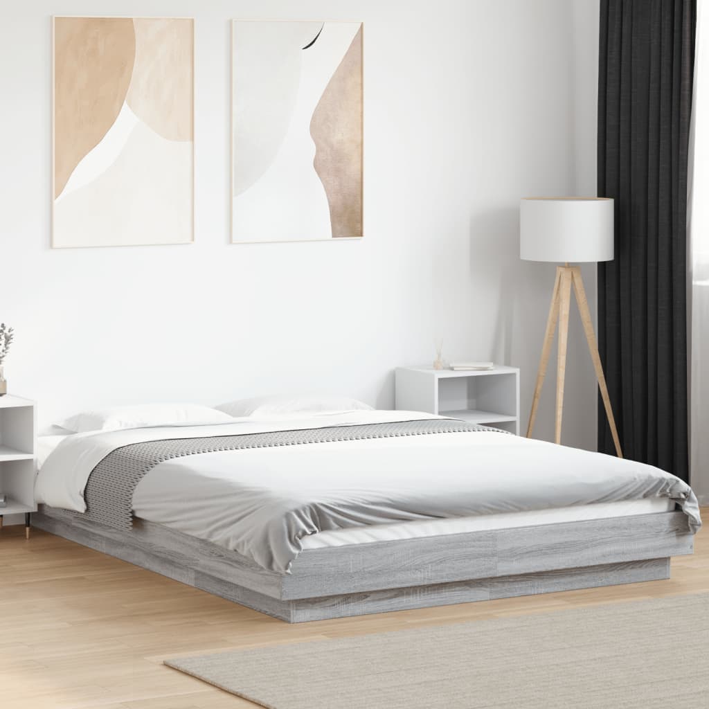 Bed Frame with LED Lights without Mattress Grey Sonoma 135x190cm