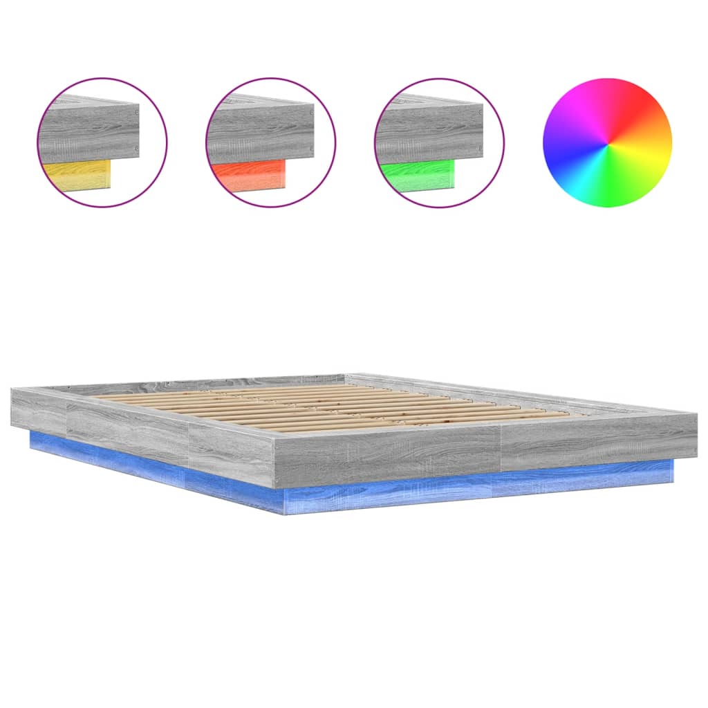 Bed Frame with LED Lights without Mattress Grey Sonoma 135x190cm