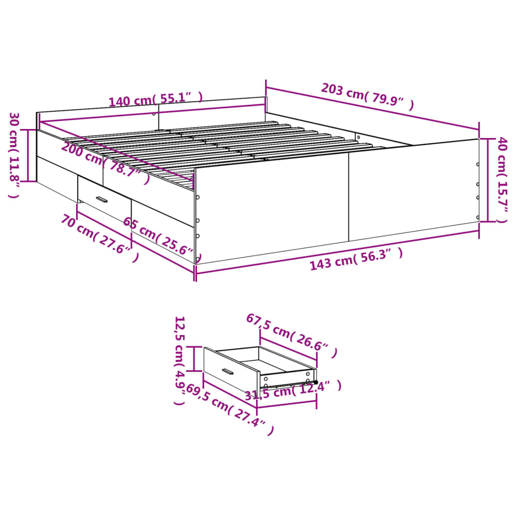 Bed Frame with Drawers without Mattress Concrete Grey 140x200 cm